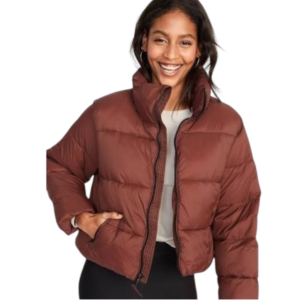 Old Navy Frost-Free Short Puffer Jacket Women's Sz LP Trident Maple Brown